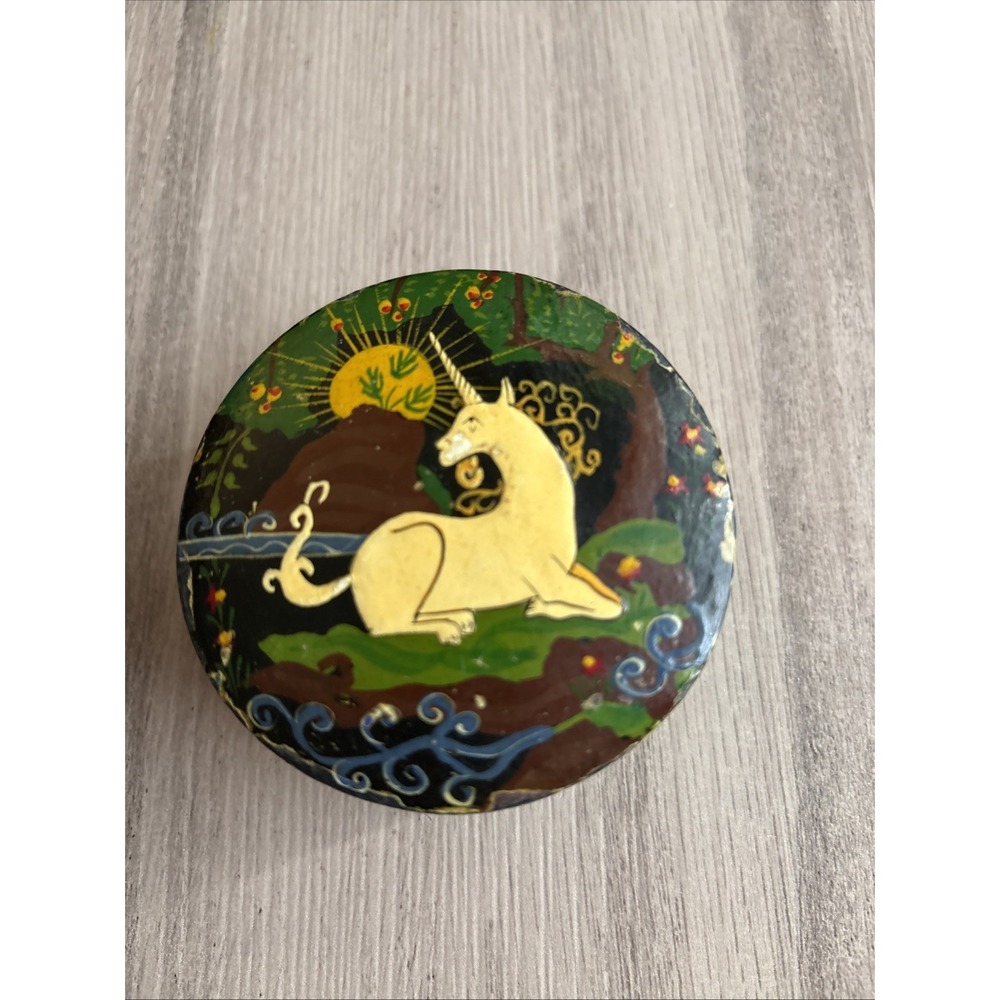 Vintage Kashmir Unicorn Trinket Box Hand Painted Made In India Green Black Small